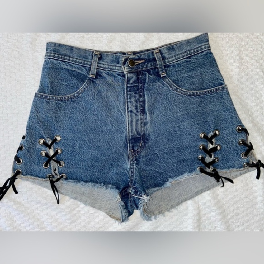 Vintage Parasuco cut off jean shorts black velvet drawstrings on‎ thighs size 29
